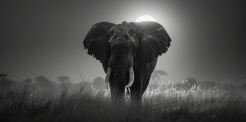African Black and White Elephant in the Grass, Beautiful Wildlife Scene From Nature, Elephant in the Habitat. Wildlife Nature - Generative AI