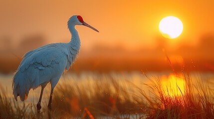 Fototapeta premium African Crane With Red Head, Wildlife From Botswana Africa. Big Bird in the Nature Habitat - Generative AI