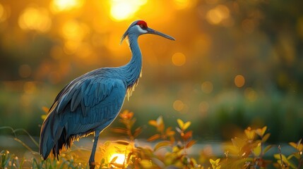 Obraz premium African Crane Sunrise. Wattled Crane With Red Head, Wildlife from Botswana Africa. Big Bird in the Nature Habitat - Generative AI
