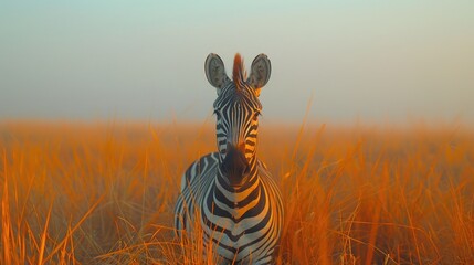 Naklejka premium Africa Fog Morning. Adult Zebra Standing In Forest. Zebra With Yellow Golden Grass - Generative AI