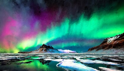 A desolate, icy landscape under a vibrant aurora borealis. The contrast between the cold - obrazy, fototapety, plakaty