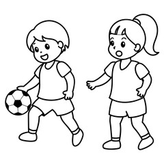 Two child play Football outline silhouette vector art illustration