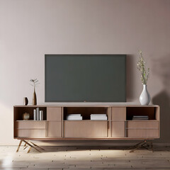 Simple minimal cabinet for tv interior wall mockup,3d rendering. Generative AI.