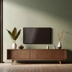 Simple minimal cabinet for tv interior wall mockup,3d rendering. Generative AI.