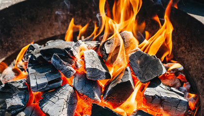 Barbecue Grill Pit With Glowing And Flaming Hot Charcoal Briquettes, Close-Up; top view; industrial coals texture