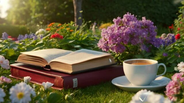 Stack of books with a cup of warm coffee in the flower garden. 4K seamless looping virtual video animation background