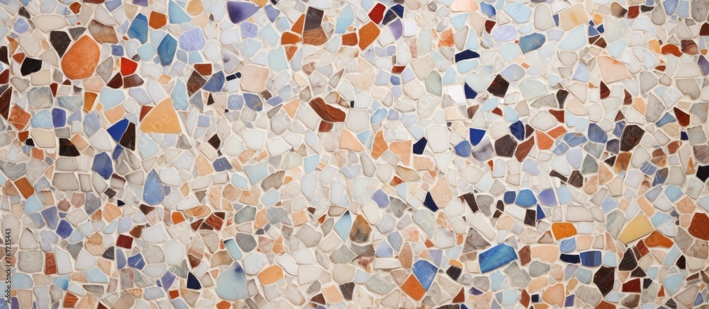 Poster an up-close view of a textured wall adorned with a multitude of diverse and vibrant stones in differ