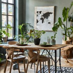 Stylish and botany interior of dining room with design craft wooden table  chairs  a lof . Generative AI.