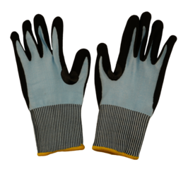 Pair of cut-resistant safety gloves, face down. Transparent background