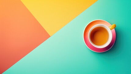 A vibrant image showing a colorful cup of tea on split background with yellow and turquoise sections. - obrazy, fototapety, plakaty
