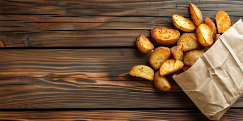 close up of fried potatoes in paper bag on wooden table, generative AI