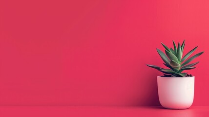 Small succulent plant in a white pot against bright red background with ample copy space.