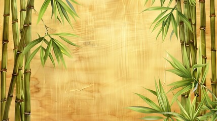 A serene bamboo forest illustration with a warm, wooden textured background and green shoots.