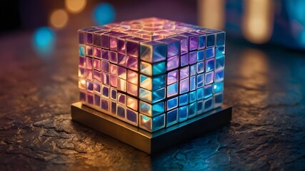 world map on cube,"Unlock the secrets of a stunning geometric isometric cube pattern, enhanced with opalescent effects and pastel opal hues. Marvel at the interplay of warm and cool tones, as a shimme