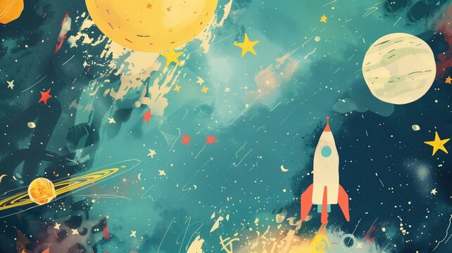 A whimsical illustration of a rocket in space with colorful planets and stars on splattered paint background.