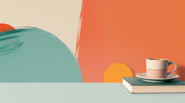 A minimalist art-inspired image with a coffee cup on top of book, set against background abstract shapes and warm colors.