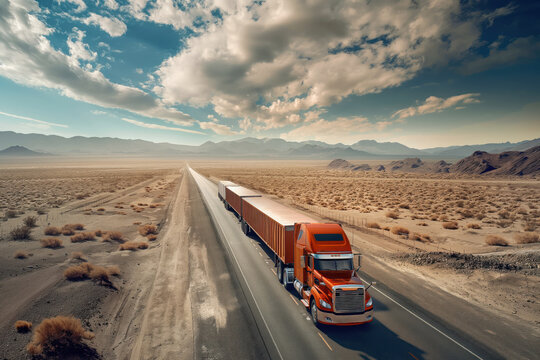 Driving in desert of Australia, road train car train truck transports cargo AI Generative