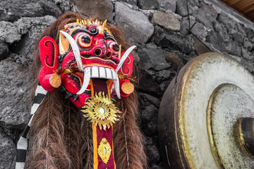 Close up photo of Traditional Leak Rangda Mask costume for a Bali Dance theater performance....