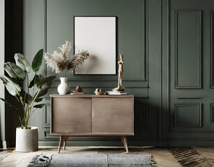 Commode with decor in living room interior, dark green wall mock up background, 3D render. Generative AI.