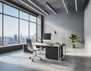 Contemporary concrete office interior with city view, daylight, furniture and equipment 3D. Generative AI.