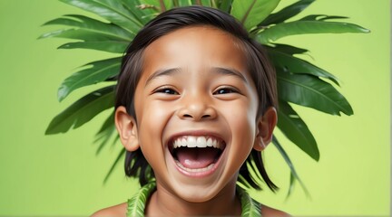 young native hawaiian child boy on plain bright green background laughing hysterically looking at camera background banner template ad marketing concept from Generative AI - obrazy, fototapety, plakaty