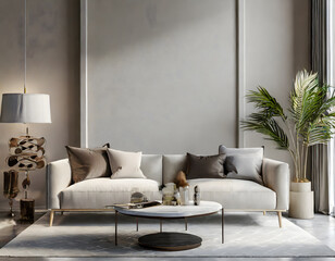 Contemporary interior with sofa, wall panel and decor. 3d render illustration mockup. Generative AI.