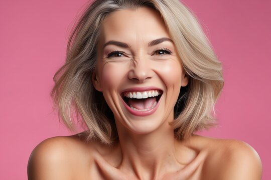 young caucasian middle age woman on plain bright pink background laughing hysterically looking at camera background banner template ad marketing concept from Generative AI