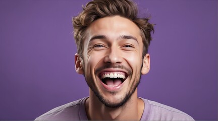 young caucasian man on plain bright purple background laughing hysterically looking at camera background banner template ad marketing concept from Generative AI