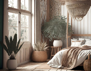 Country wooden bedroom close up in boho style in white and beige tones. Bed, hanging chair. Generative AI.