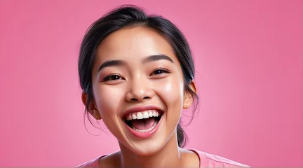 Fotobehang young indonesian on plain bright pink background laughing hysterically looking at camera background banner template ad marketing concept from Generative AI © sevenSkies