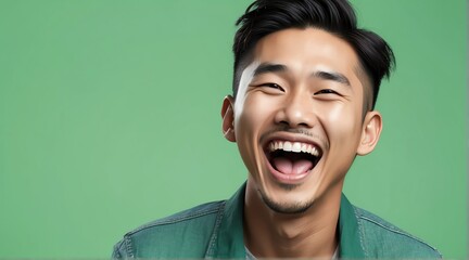 young asian man on plain bright green background laughing hysterically looking at camera background banner template ad marketing concept from Generative AI