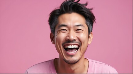 young japanese middle age man on plain bright pink background laughing hysterically looking at camera background banner template ad marketing concept from Generative AI
