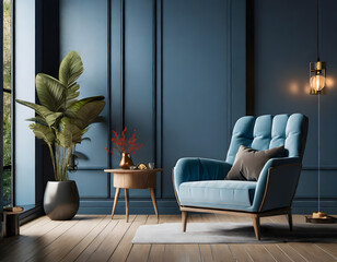 Dark blue living room interior with cozy luxury armchair,3d rendering. Generative AI.