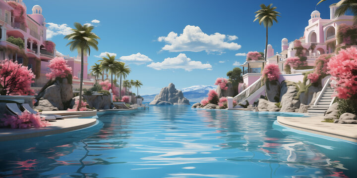Swimming pool in a luxury resort. 3d render illustration.