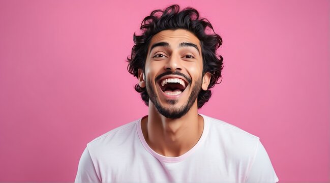 young middle eastern man on plain bright pink background laughing hysterically looking at camera background banner template ad marketing concept from Generative AI
