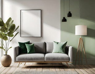 Home interior mock-up with gray sofa, wooden floor lamp and green vase in bright living room. Generative AI.
