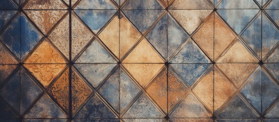 An upclose view of a vibrant tiled wall featuring a geometric pattern with triangles, symmetry, and a variety of tints and shades. The tiles resemble wood flooring fixtures on a road surface