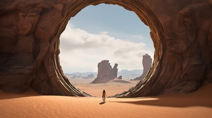 In the style of a biblical drama, use AI to create a stunning cinematic shot portraying a circular portal amidst the desert landscape, 