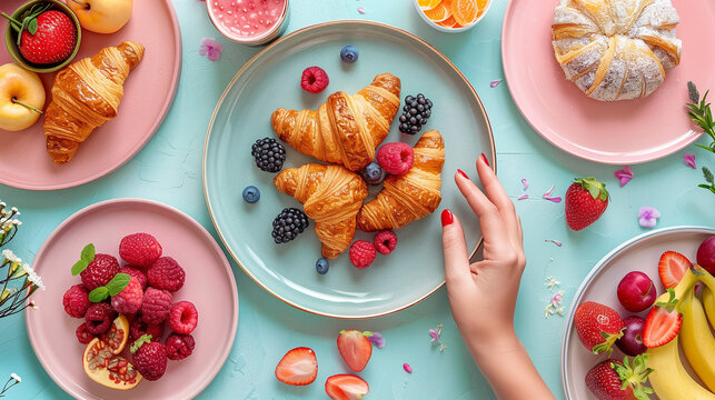 Editorial top view on a hand reaching over a croissant and fruit pastel color plate on a pastel table with plates of fruits and pastries