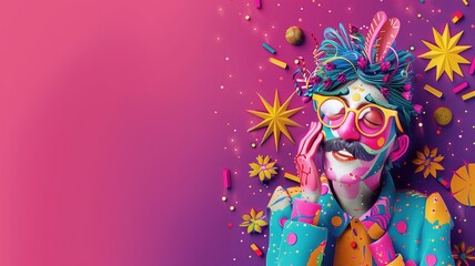 Colorful illustration of a person with whimsical hair and vibrant carnival attire against pink backdrop scattered confetti.
