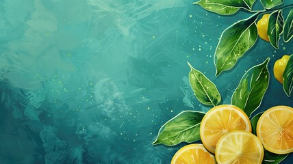 Vibrant illustration of lemons with leaves on a textured turquoise background paint splatters.