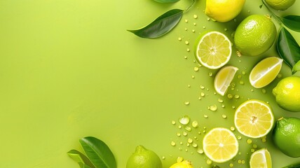 Fresh whole and sliced limes with leaves on a vibrant green background water droplets.
