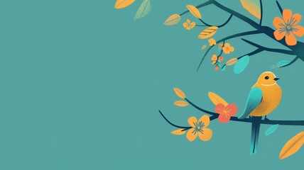 A stylized illustration of a cute yellow bird perched on branch with orange and flowers against blue background.