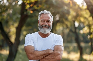 Portrait of fit mature man with hands crossed posing on camera. Vitality and active lifestyle. . Grey-bearded sportsman in blue shirt making confident smile.
