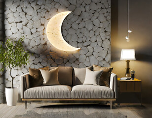 Interior with sofa, stone wall panel, backlight, moon lamp and decor. 3d render illustration. Generative AI.