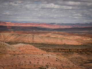 Beautiful view of pink and red mesas and buttes in St. George Utah desert landscape