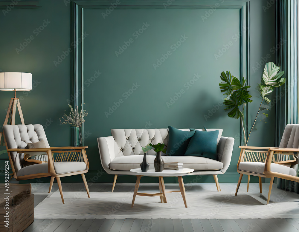 Poster light room with sofa and armchair on empty dark green wall background.3d rendering. generative ai.