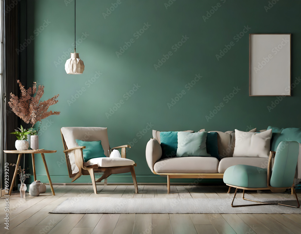 Poster light room with sofa and armchair on empty dark green wall background.3d rendering. generative ai.