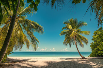tropical beach with palm trees. Sunny summer day. Summer vacation and travel concept.