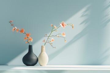 Minimalist Vases with Delicate Flowers on Shelf